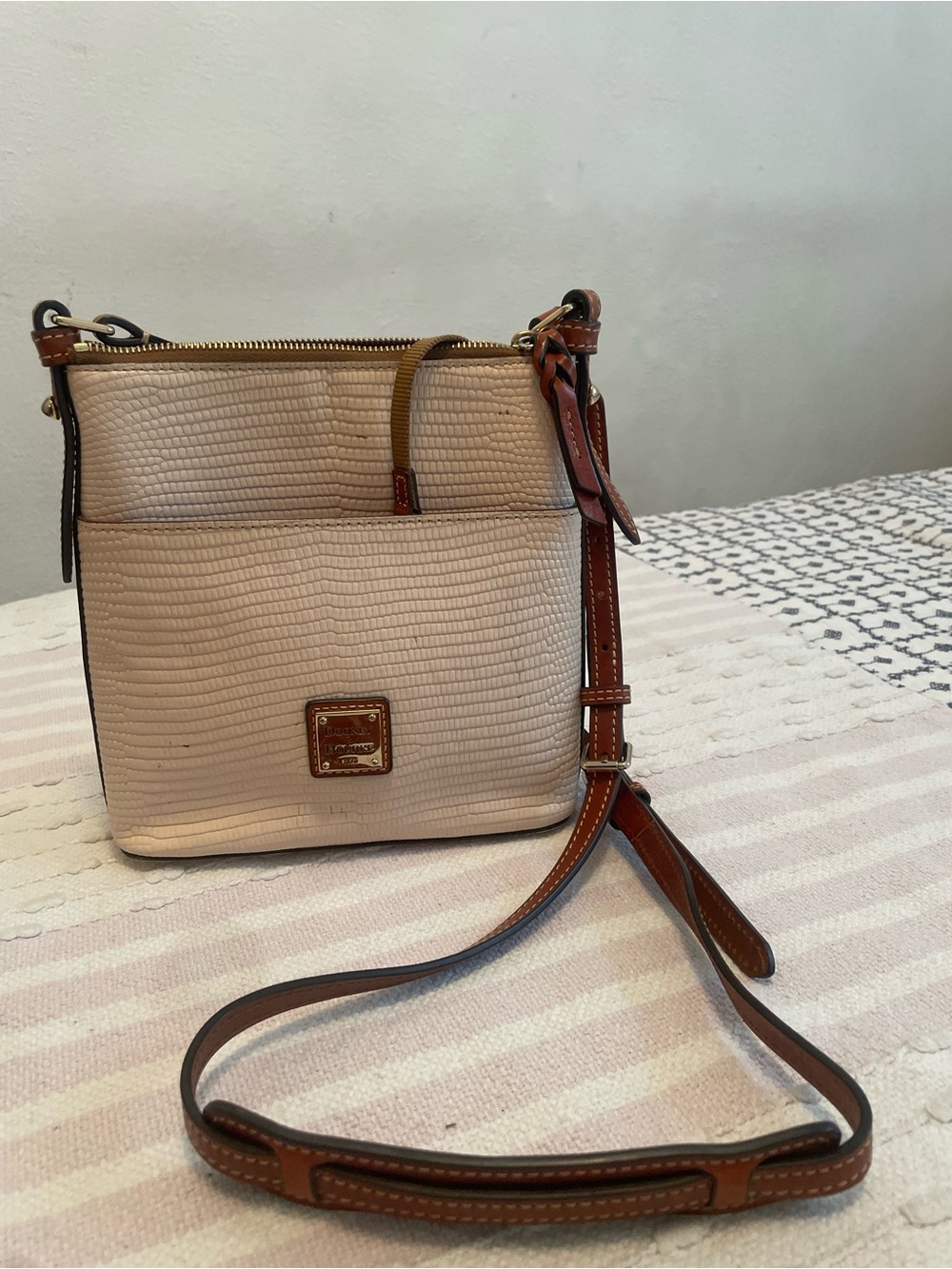 Dooney & Bourke Cream Crossbody with Brown Leather Strap